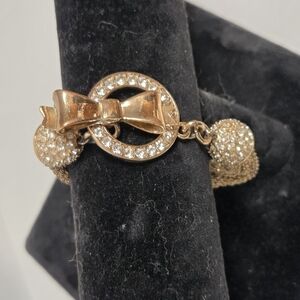 Vintage Gold-tone Multi-Chain Bracelet with Pavé Crystal and Bow Motif Toggle